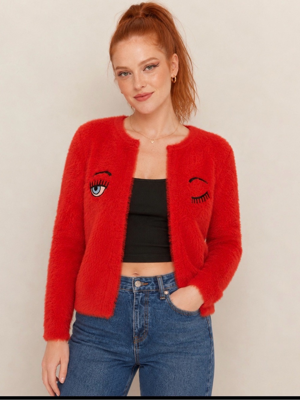 Red Fuzzy Eyelash Knit Open Front Sweater Winking Eye Graphic Statement Cardigan